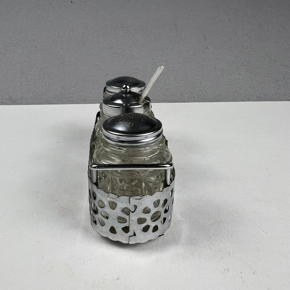 Vintage Condiment Set Glass Jars Metal Caddy Silver Clear Mid Century Tableware
